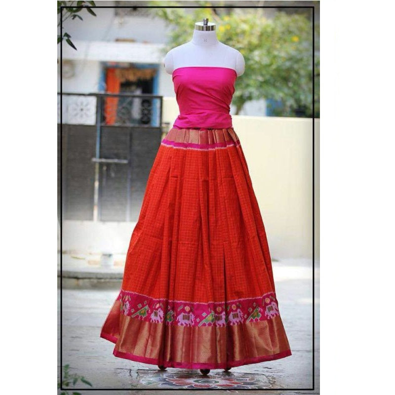 Pochampally Ikkat Orange Lehenga Andpink Border