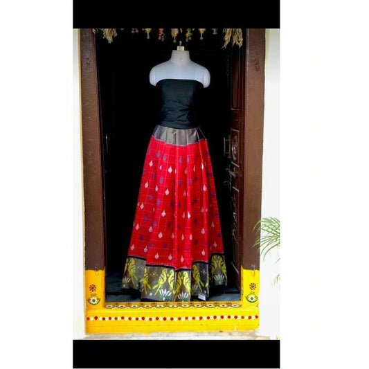 Pochampally Ikkat Red Lehenga With Black Border