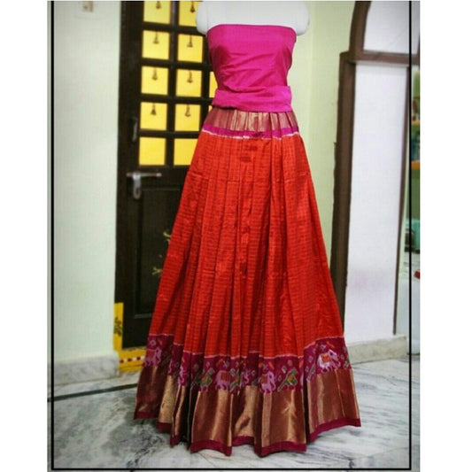 Pochampally Ikkat Silk Orange Lehenga With Pink Border