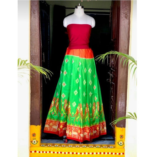 Pochampally Ikkat Silk Green Lehenga With Red Border