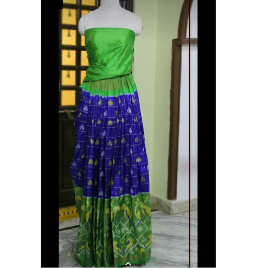 Pochampally Ikkat Dark Blue Lehenga With Parrot Green Border