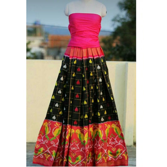 Pochampally Ikkat Black Lehenga With Pink Border