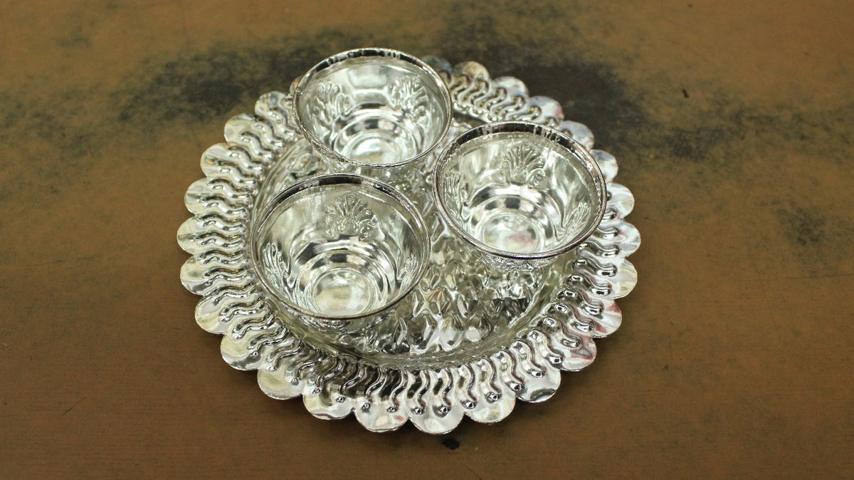 German Silver 3 Bharine Set With Plate - 300gms - PUSHMYCART