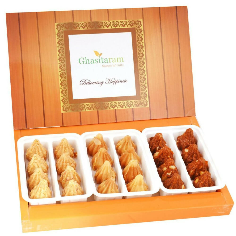 Ghasitaram Assorted Box of Milk Cake, Dodha Barfi, Mysore Pak Modaks