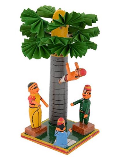 Handmade Puniki Wooden Man Climbing Palm Tree Kondapalli MultiColor Showpiece