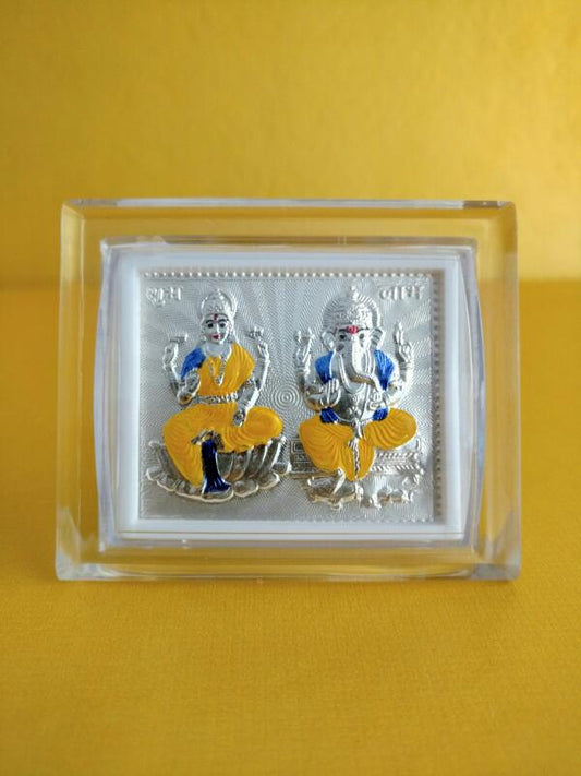 Lakshmi With Ganesh Silver Coiled With Enamel Paint Mini Stand Frame - PUSHMYCART