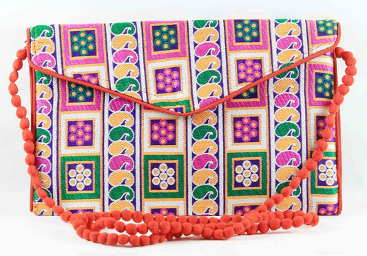 Rajasthan Ethnic Cotton Blue With Orange Floral Design Sling Bag - PUSHMYCART