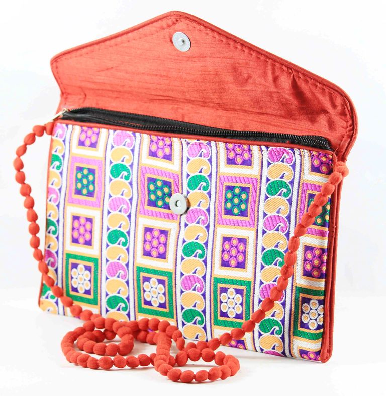 Rajasthan Ethnic Cotton Blue With Orange Floral Design Sling Bag - PUSHMYCART