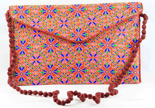 Rajasthan Ethnic Cotton Red With Pink Floral Design Sling Bag - PUSHMYCART