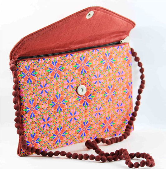 Rajasthan Ethnic Cotton Red With Pink Floral Design Sling Bag - PUSHMYCART