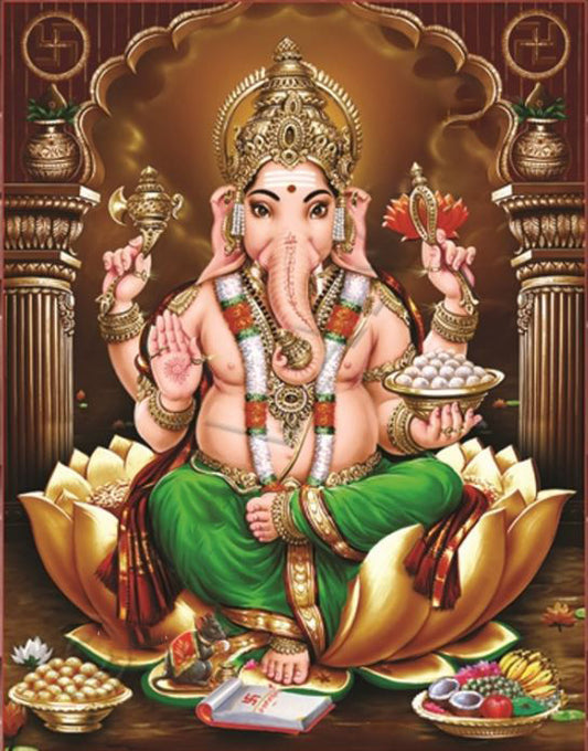 Laxmi Ganesh Green Pigment Printing - PUSHMYCART