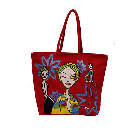 Red Jute Bag Lady Face Designer Trendy Jute Bag, Fancy Jute Bag