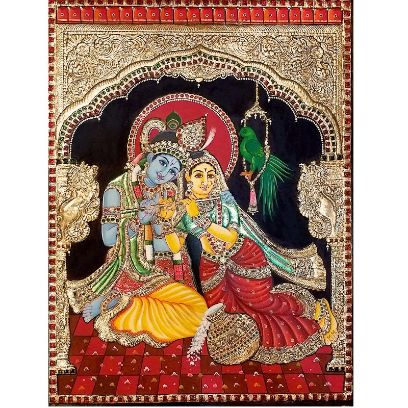 Radhe Krishna Red Tanjore painting