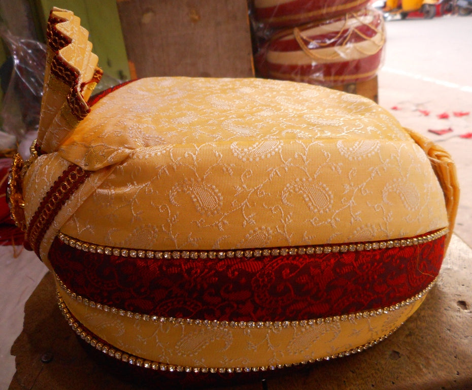 Cream Color pagdi with red and white stones – PUSHMYCART