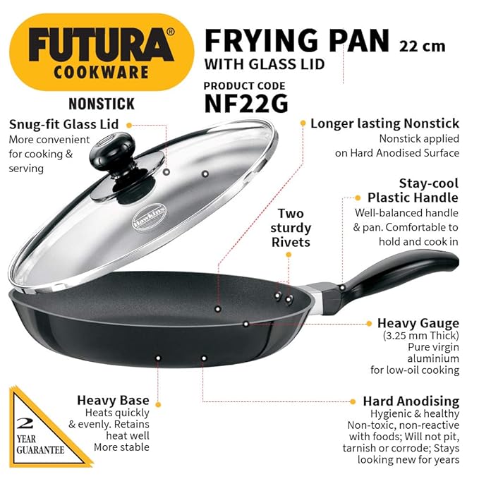Hawkins Futura Non-stick Frying Pan 22 cm Diameter with Glass Lid 1 L (NF22G) - PUSHMYCART