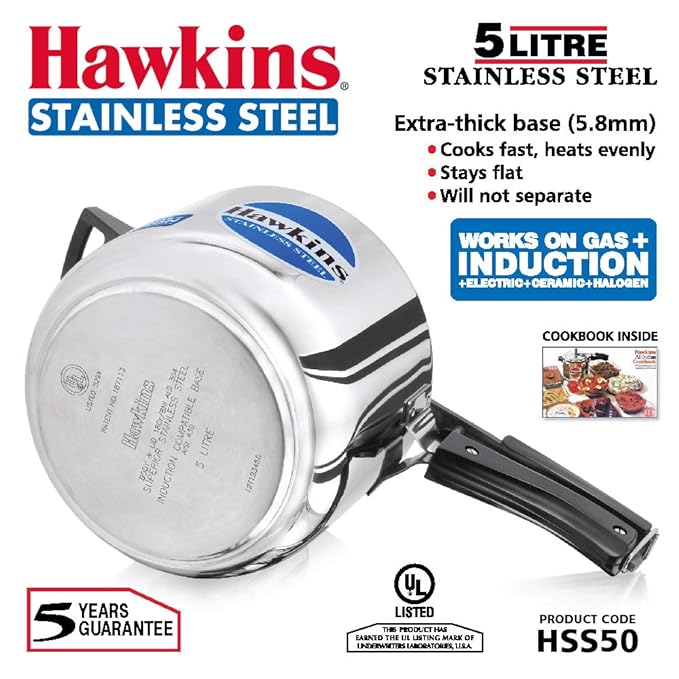 Hawkins Stainless Steel 5 L Induction Compatible Pressure Cooker (HSS50) - PUSHMYCART