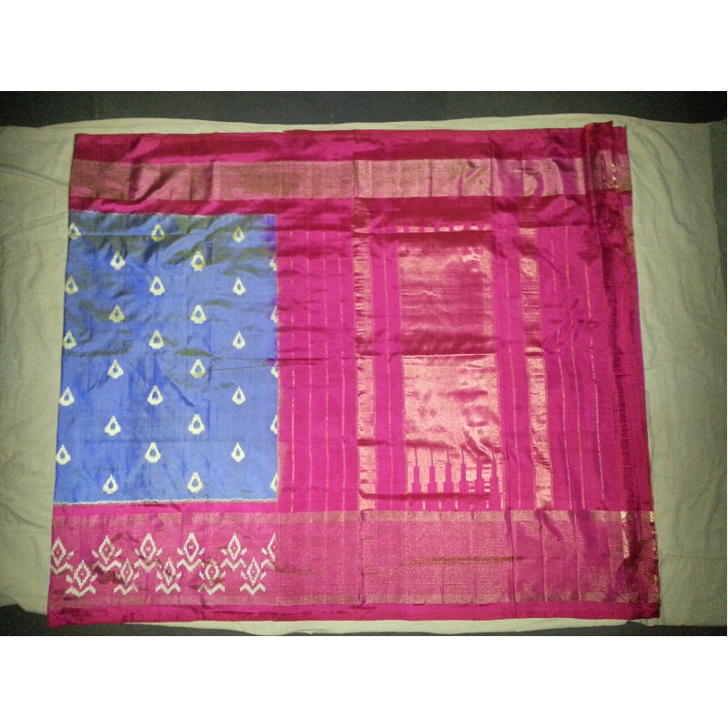 Pochampally Ikkat Silk Violet Color Saree With Pink Color Border