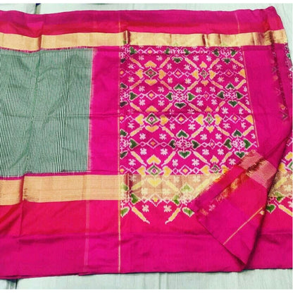 Pochampally Ikkat Silk Ash Color Saree With Pink Color Border