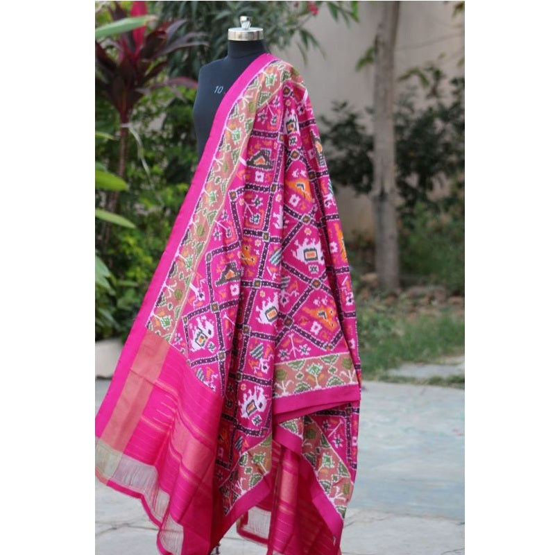 Pochampally Ikkat Pink Color With Floral Design Dupatta