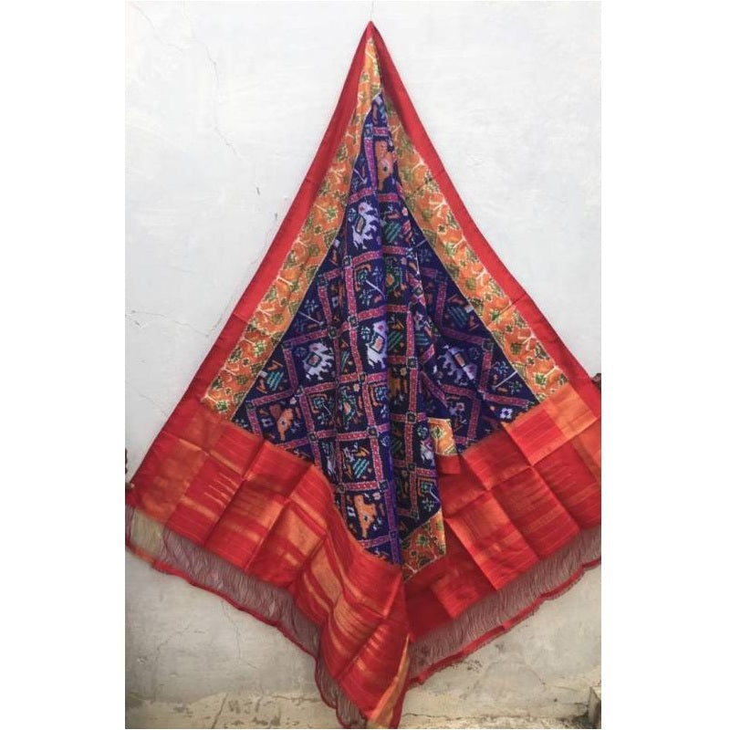 Pochampally Ikkat Dark Blue, and Red Color Border Dupatta