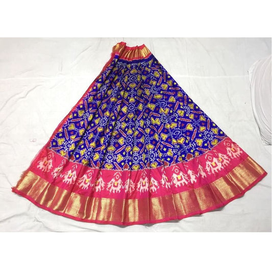 Pochampally Ikkat Violet Elephant Design Lehenga With Pink Border