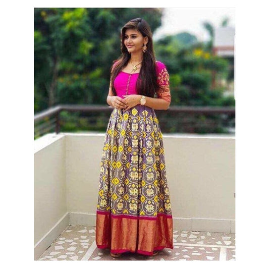 Pochampally Ikkat Ash Color Lehenga With Pink Border