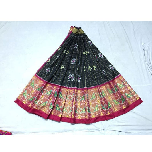 Pochampally Ikkat Black Lehenga With Pink Color Border
