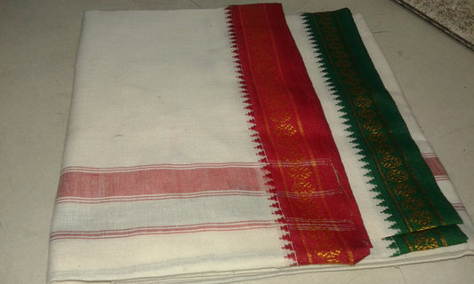 Dhoti With Pink And Green Border - PUSHMYCART