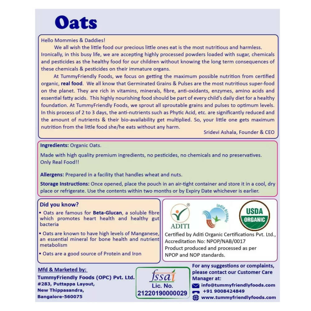 TummyFriendly Foods Certified Organic Oats Porridge Mix for 6 Months Old - PUSHMYCART