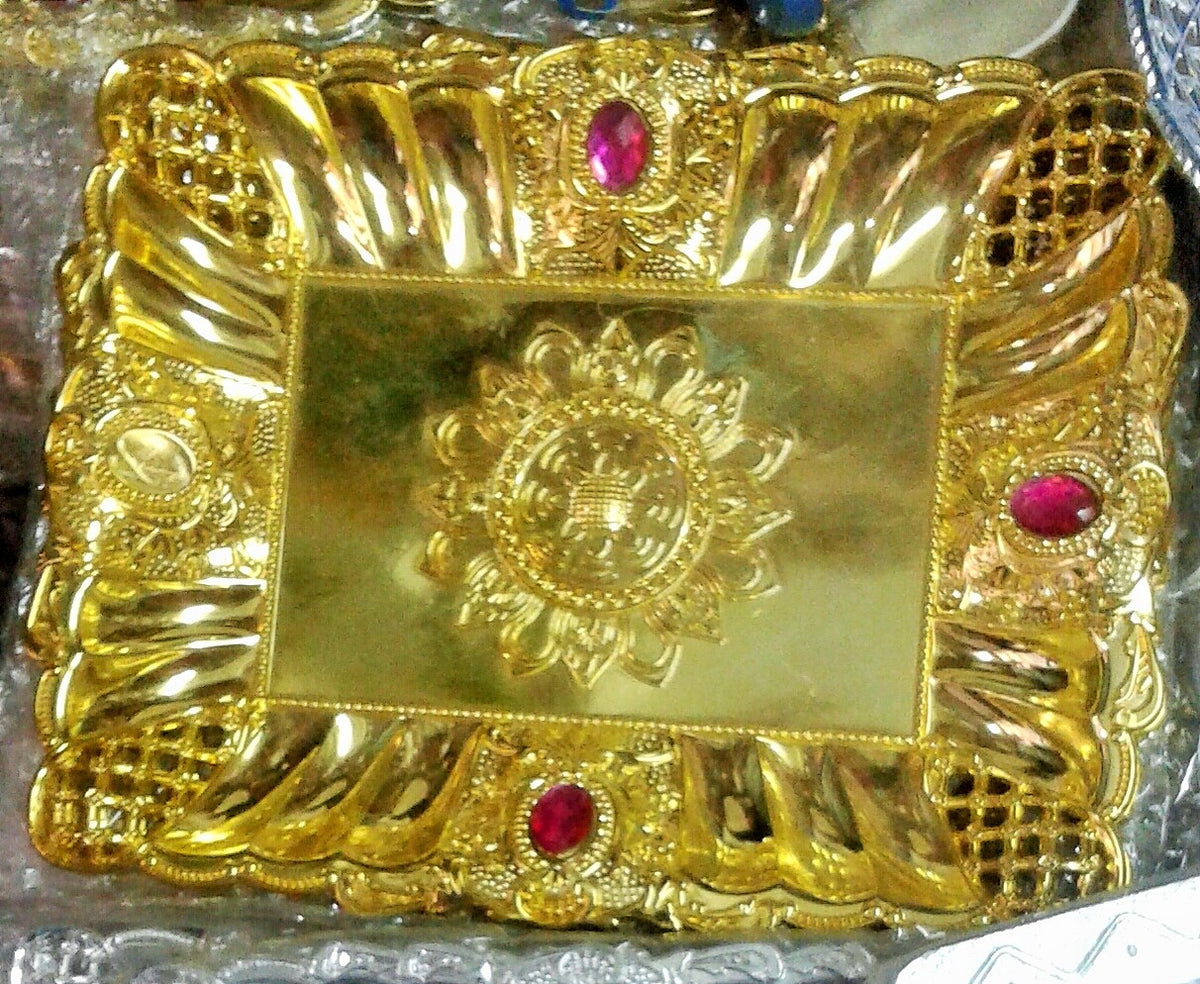 Gold Color Fancy Tray With Pink Studs - 80gms - PUSHMYCART
