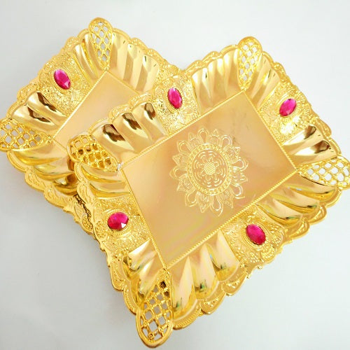 Fancy Gold Color Tray With Pink Studs - 125gms - PUSHMYCART
