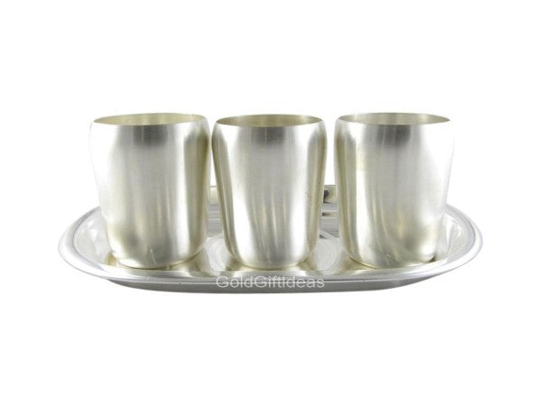 German Silver 3 Matka Glass With Tray - 750gms - PUSHMYCART
