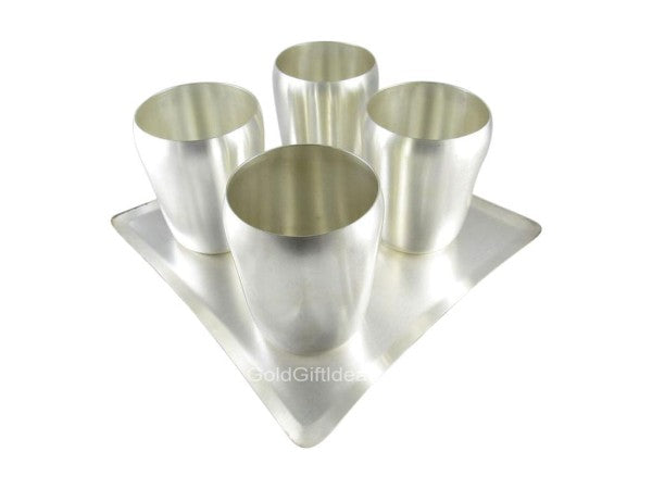 German Silver Matka Pot Cups 4 With Tray - 1000gms - PUSHMYCART