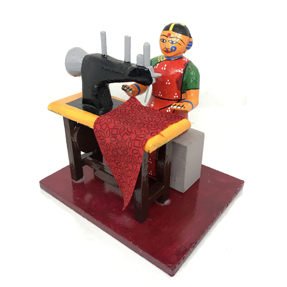 Colorful Wooden Tailor Lady - Kondapalli Bommalu - PUSHMYCART