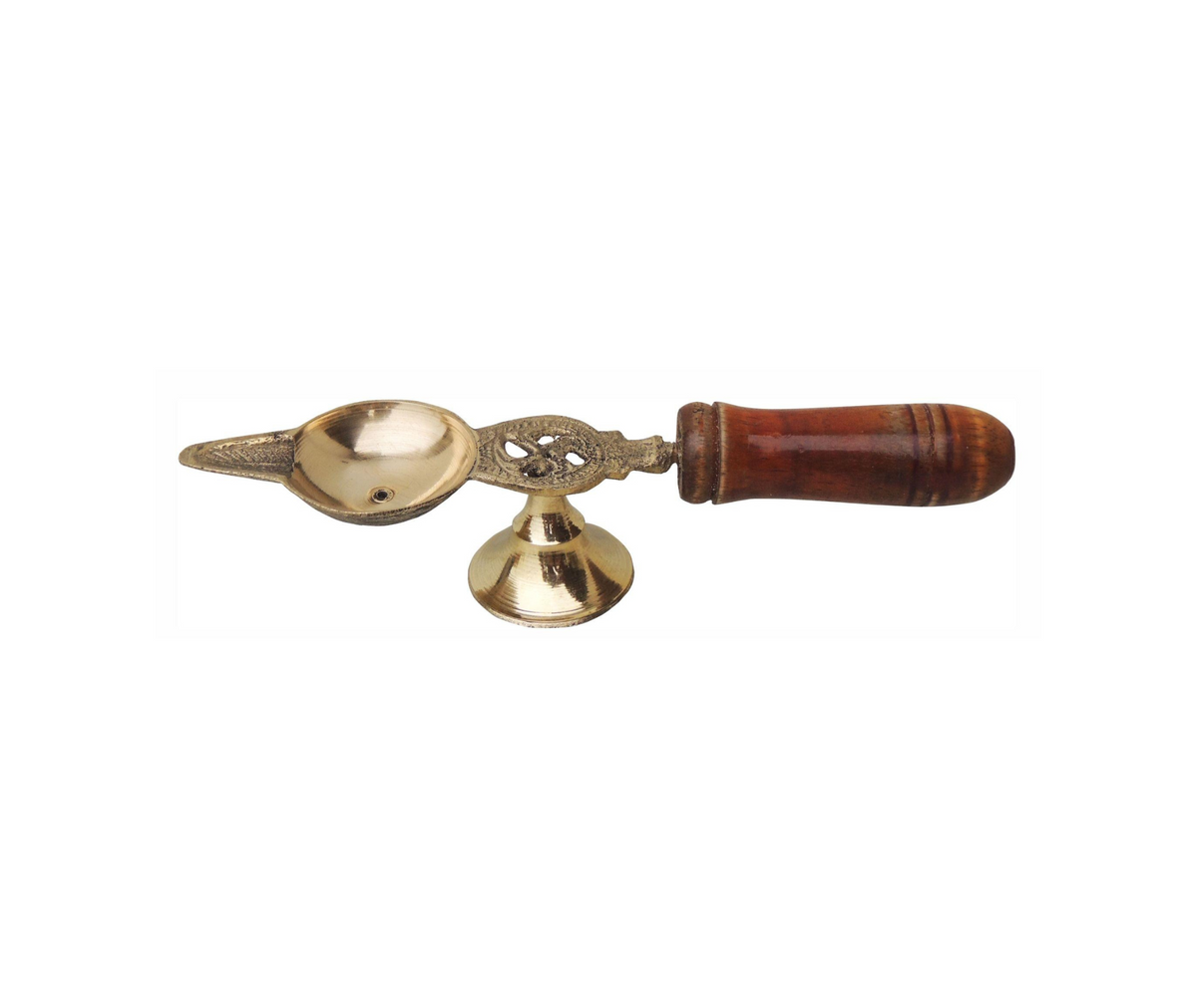 Brass Oil Lamp Deepak With Wooden Handle 0.05Kg - PUSHMYCART