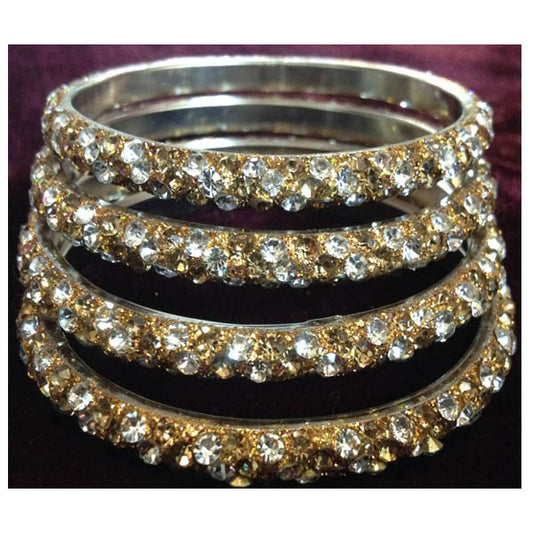 Three Line Stoned Studded Lac Bangles - Golden White - PUSHMYCART