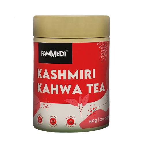 Fammedi Kashmiri Kahwa Tea with Natural Ingredients Saffron Rose Petal Cinnamon Almonds Cloves Green Cardamon Healthy Herbal Assorted Loose Leaf Tea Pack 50gms