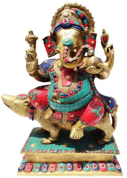 Brass Ganesh Ji Sitting On Rat Statue 14.348Kg