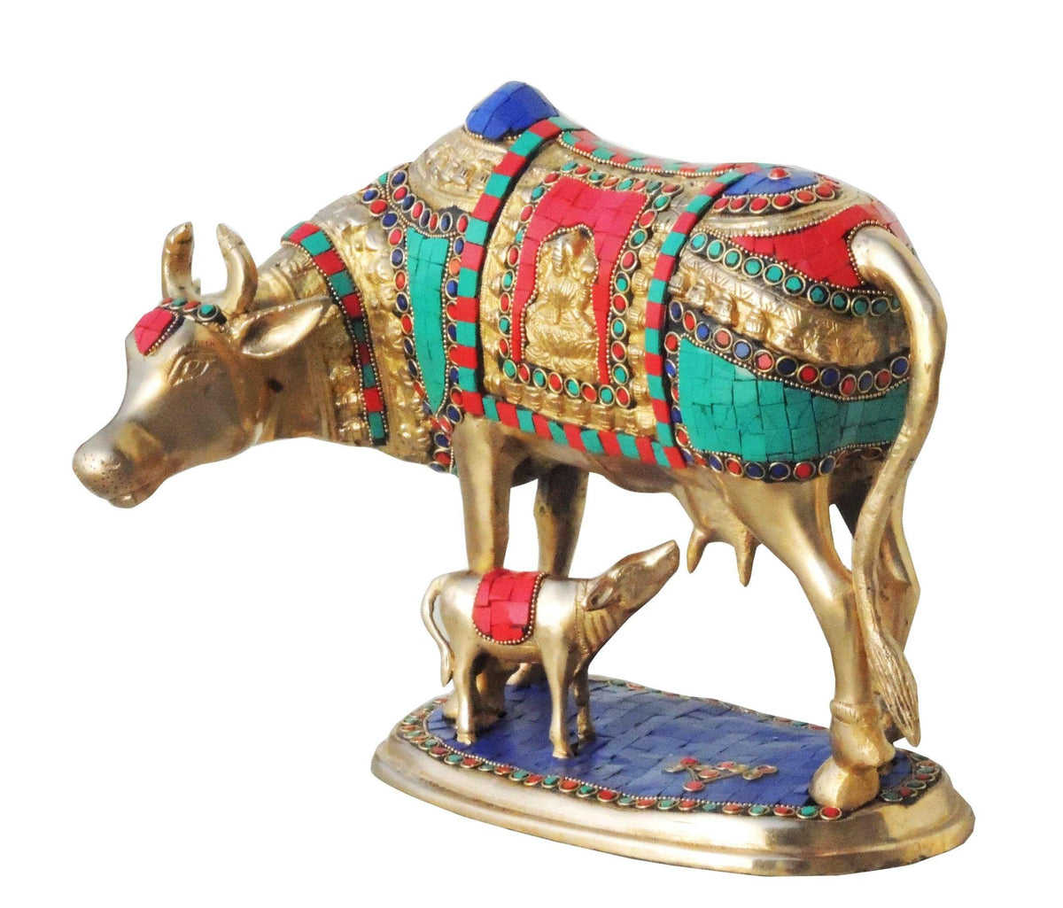 Brass Cow With Calf Stone Statue 8.44Kg