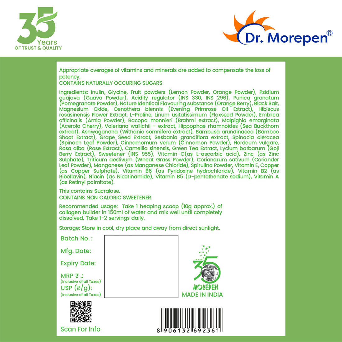 Dr. Morepen Natural Collagen Builder | Orange Berry Flavour - PUSHMYCART