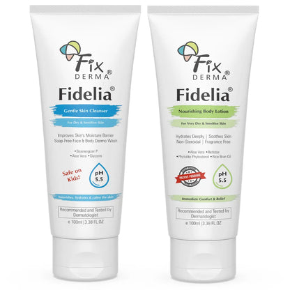 Fixderma Skincare Dry And Sensitive Skin Combo - Fidelia Body Lotion - Face And Body Wash 