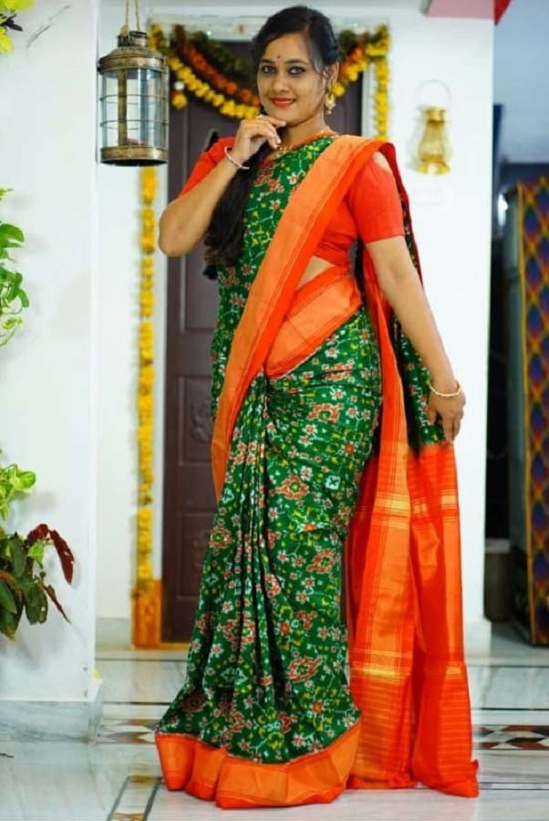 Orange and Green Combination Party Wear Saree Blouse Design