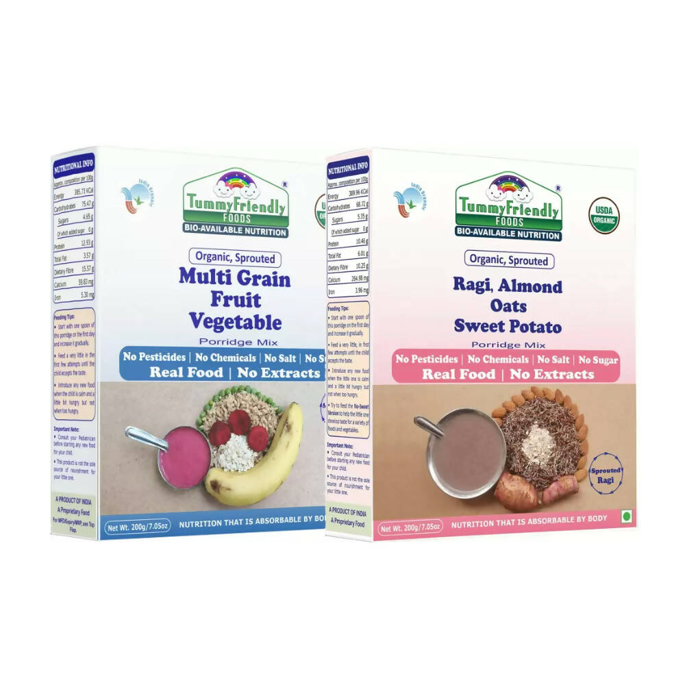 TummyFriendly Foods Organic Multi|Grain | and Sprouted Ragi | Oats | Red Lentil | Banana Porridge Mixes Combo