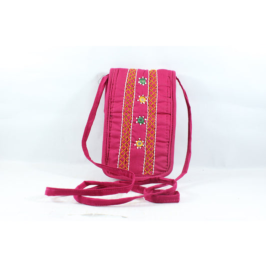 Pink Color Mirror Work Phone Pouch - PUSHMYCART