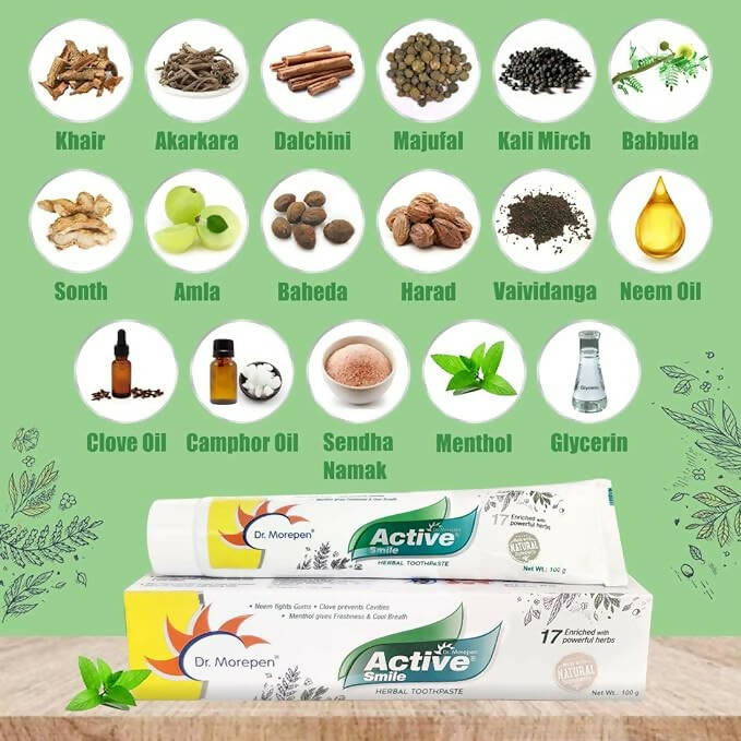 Dr. Morepen Active Smile Herbal Toothpaste with Neem | Clove And Menthol - PUSHMYCART
