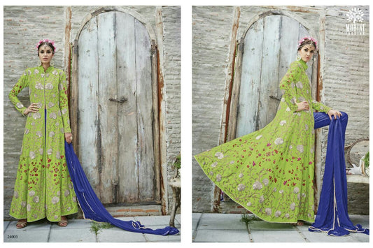 Parrot Green And Gold With Blue Bottom Dress - PUSHMYCART