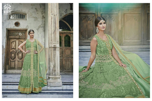 Pista Green And Gold With Blue Bottom Dress - PUSHMYCART