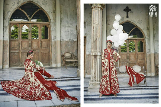Cream, Maroon Red And Gold With Maroon Red Bottom Dress - PUSHMYCART